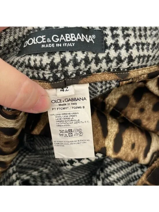 DOLCE & GABBANA Flared Glen Plaid Pants Wool Houndstooth Wide Leg Pants Logo D&G